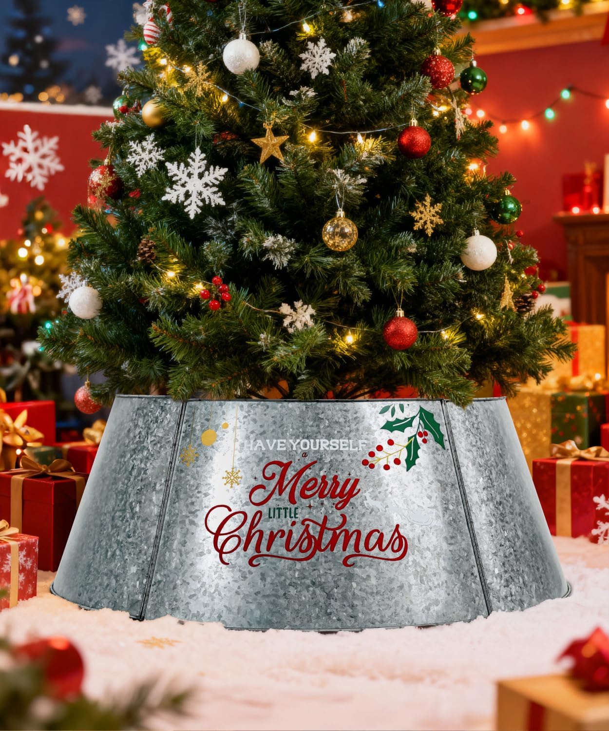 Putuo Decor Galvanized Christmas Tree Collar for 6-7.5 Ft Trees Metal Adjustable Stand Cover with Printed Merry Christmas Farmhouse Decor for Artificial Trees, 27 in Silver